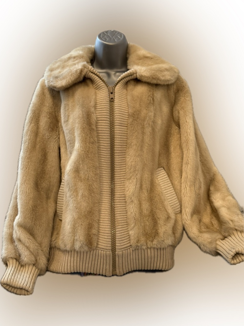 Vintage 1970's Adolf Schuman for Lilli Ann Faux Fur Beige Bomber Jacket -Small